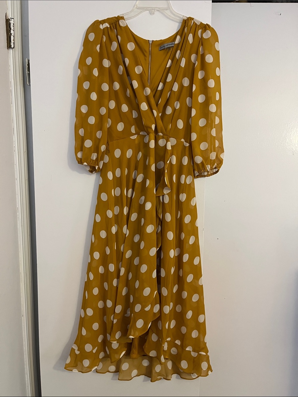 Danny & Nicole Mustard and White Polka Dot Wrap Midi Dress